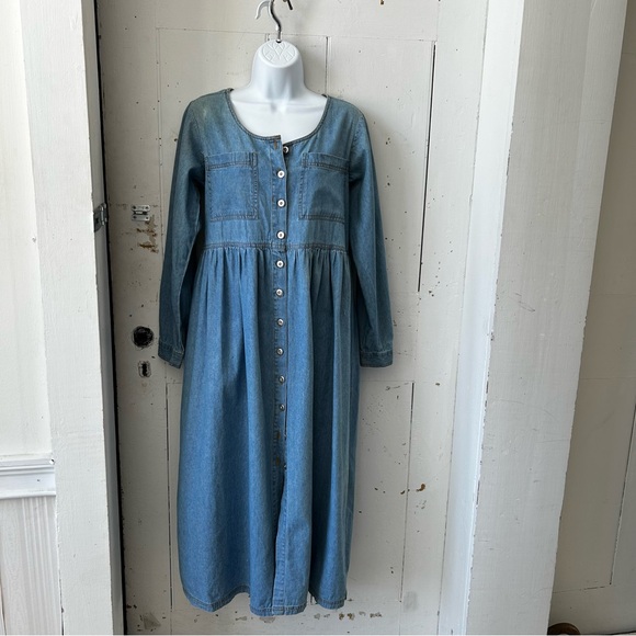 Vintage 90s True Blue Denim Blue Jean Cottagecore Prairie Dress - Picture 1 of 14